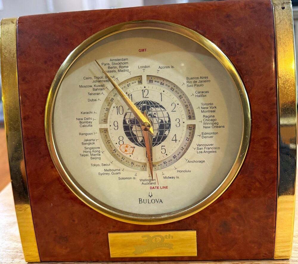 Bulova World Time Desk Clock 30th Anniversary Gold Tone Globe Tested Works